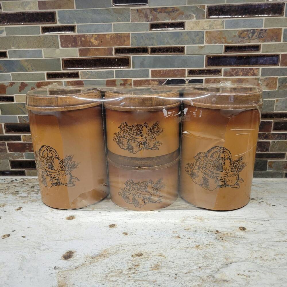 Vintage Cheinco Woodbury Metal Canister Set Brown Fruit Kitchen Storage Tins